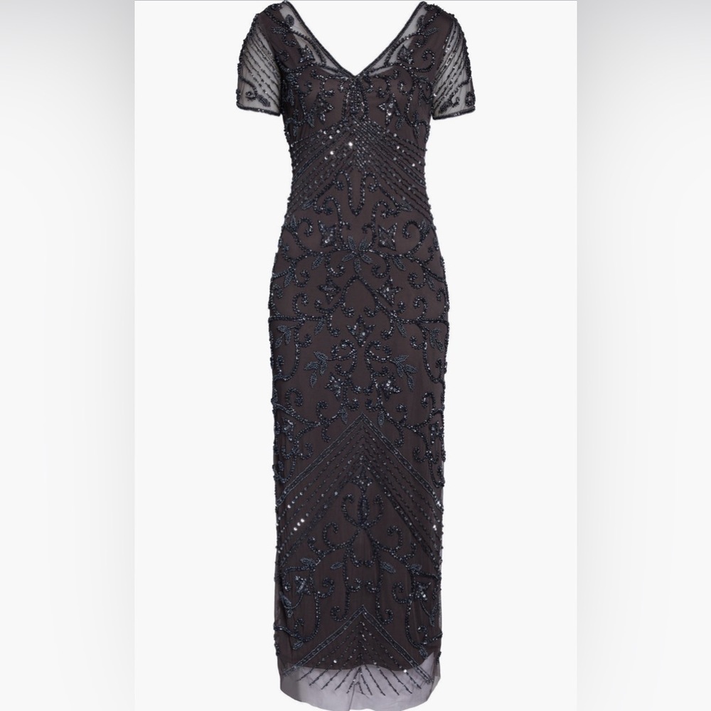 Pisarro Nights Beaded Mesh Column Gown in Slate Size 12 Elegant Evening Dress - Picture 5 of 8